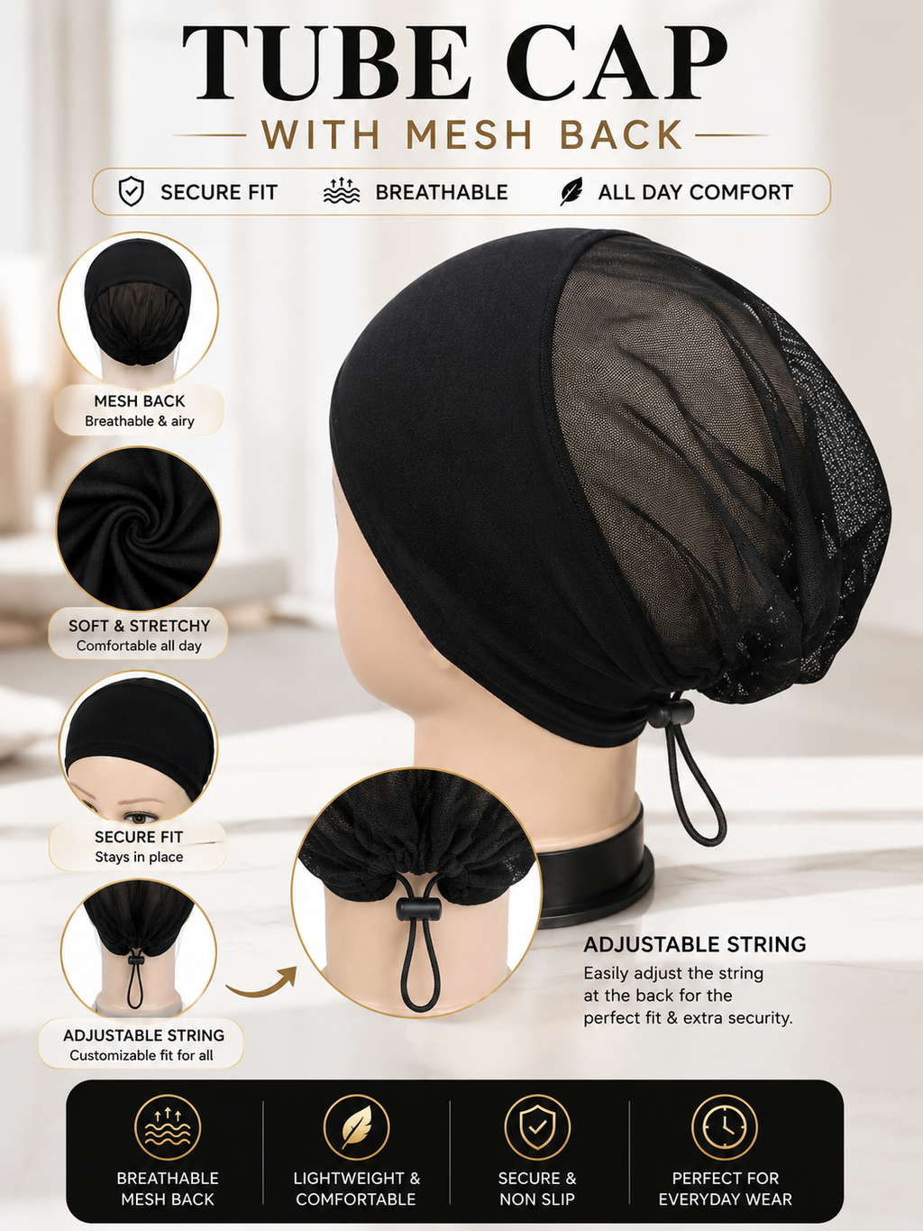 BAMBOO TUBE HIJAB CAP – ADJUSTABLE WITH BREATHABLE MESH BACK