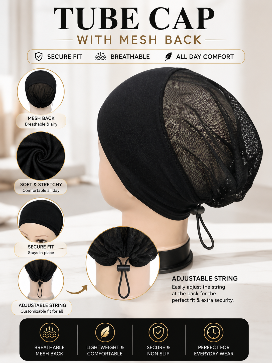BAMBOO TUBE HIJAB CAP – ADJUSTABLE WITH BREATHABLE MESH BACK